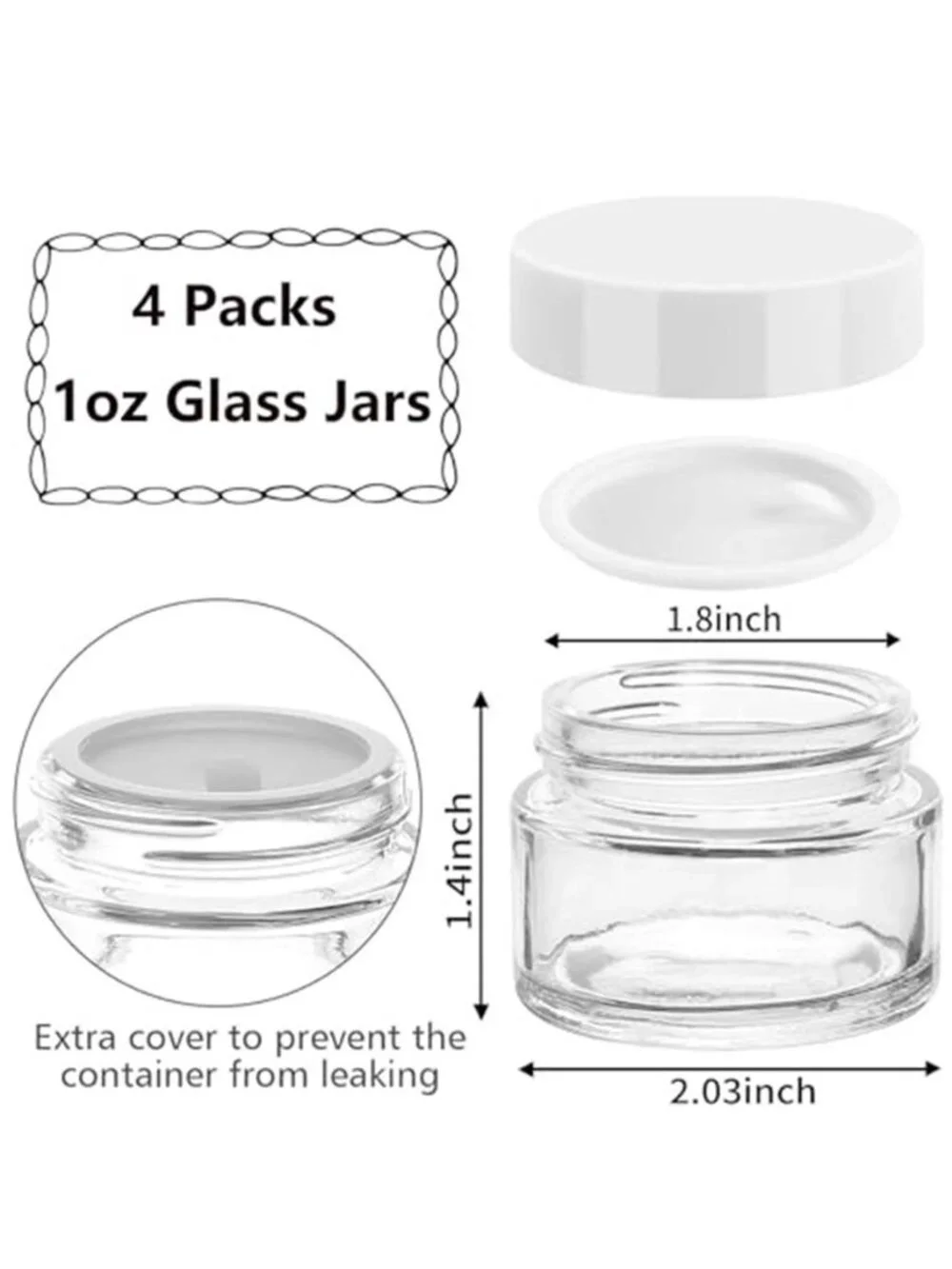 4 Pcs Glass Cosmetic Jars with White Lids, 1 OZ with Inner Liners & 2 Spatulas